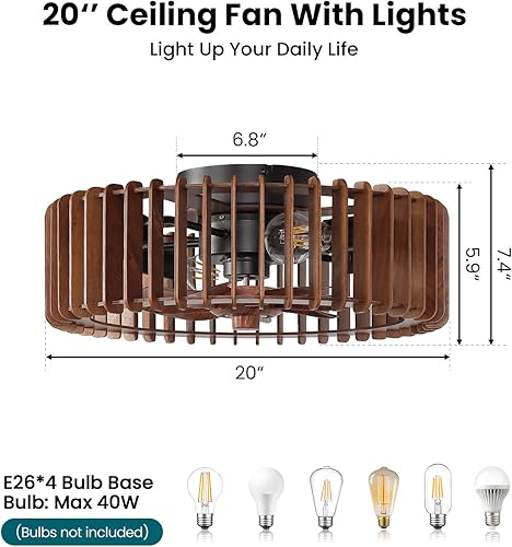 Miniatura 6 de Ventilador de techo enjaulado de montaje empotrado de 20 pulgadas con luz, ventilador de techo de madera de bajo perfil con luz y control remoto, 6