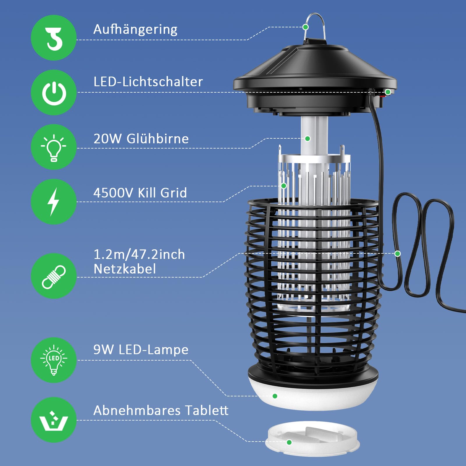 PALONE Insektenvernichter Elektrisch, 4500V Elektrischer Mückenlampe mit 20W UV & 9W LED Licht & 1,2M Kabel, Wirksam Reduzieren Fliegender Insekten für Küche Garten