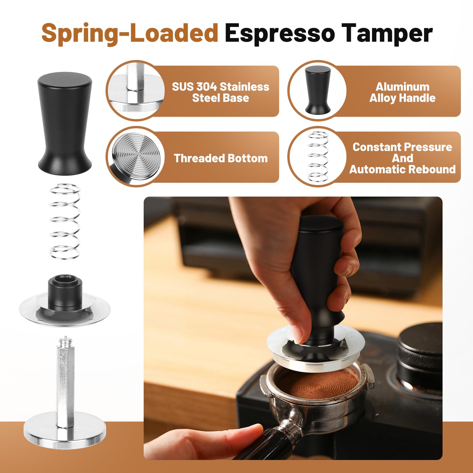 Zestaw tamper do espresso 58 mm – akcesoria dla baristów do ekspresów do espresso, zawiera sprężynowy tamper, regulowana głębokość, aluminiowy lejek dozujący z magnesem, ekran krążkowy wielokrotnego