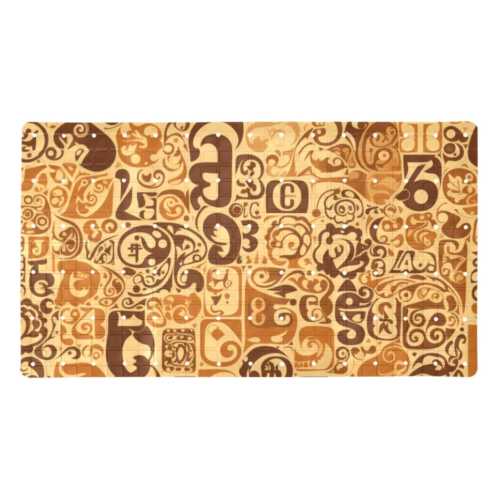 Tapis de douche antidérapant avec lettres et chiffres sur fond marron - 38,5 x 68 cm - Tapis de douche en caoutchouc antidérapant avec trous de drainage et ventouses - Lavable en machine