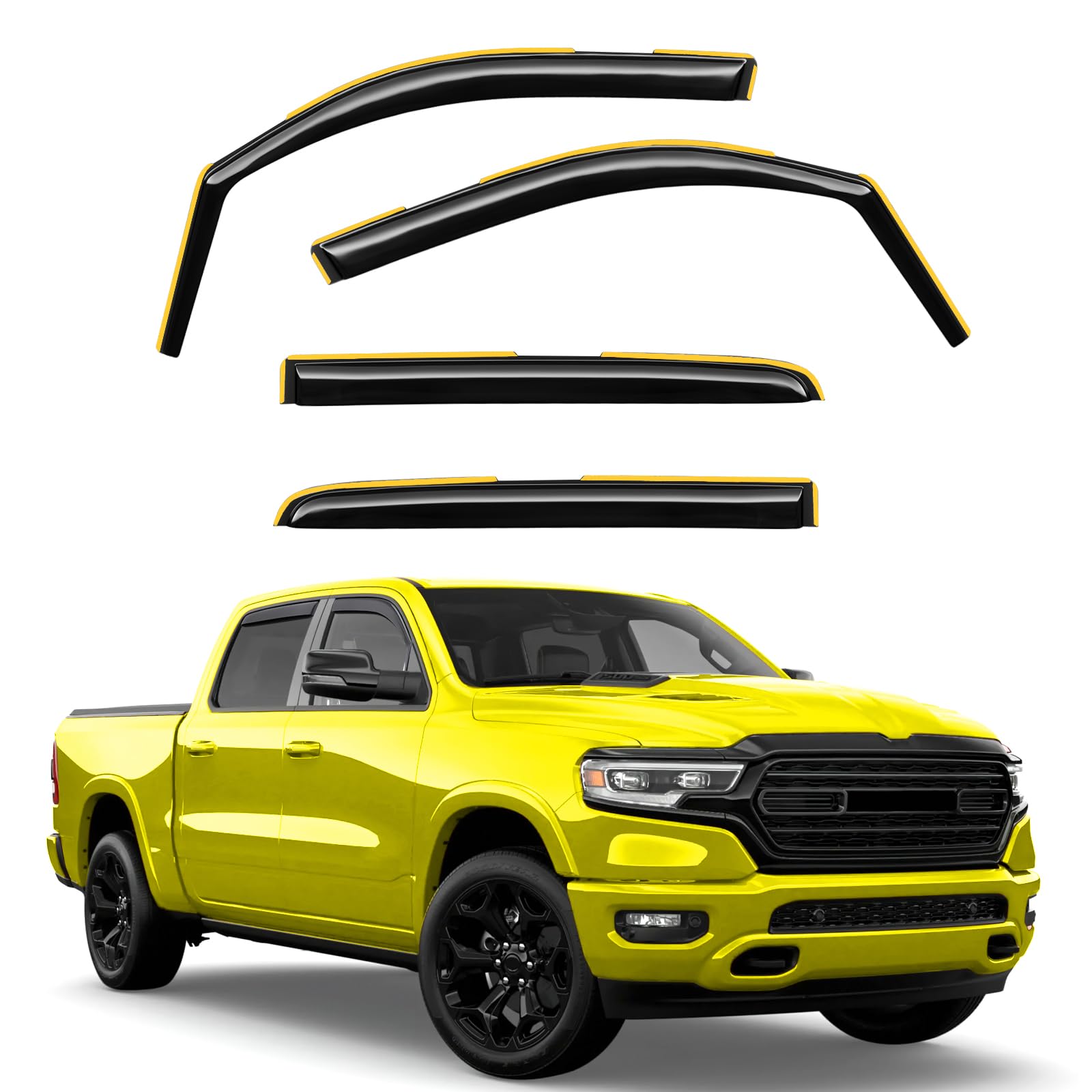 in-Channel Window Rain Guards Fit for Truck Dodge RAM 1500 (New Body Style Includes TRX) 2019-2025 Crew Cab Extra Durable Window Deflectors Vent Visors Shades Exterior Car Accessories