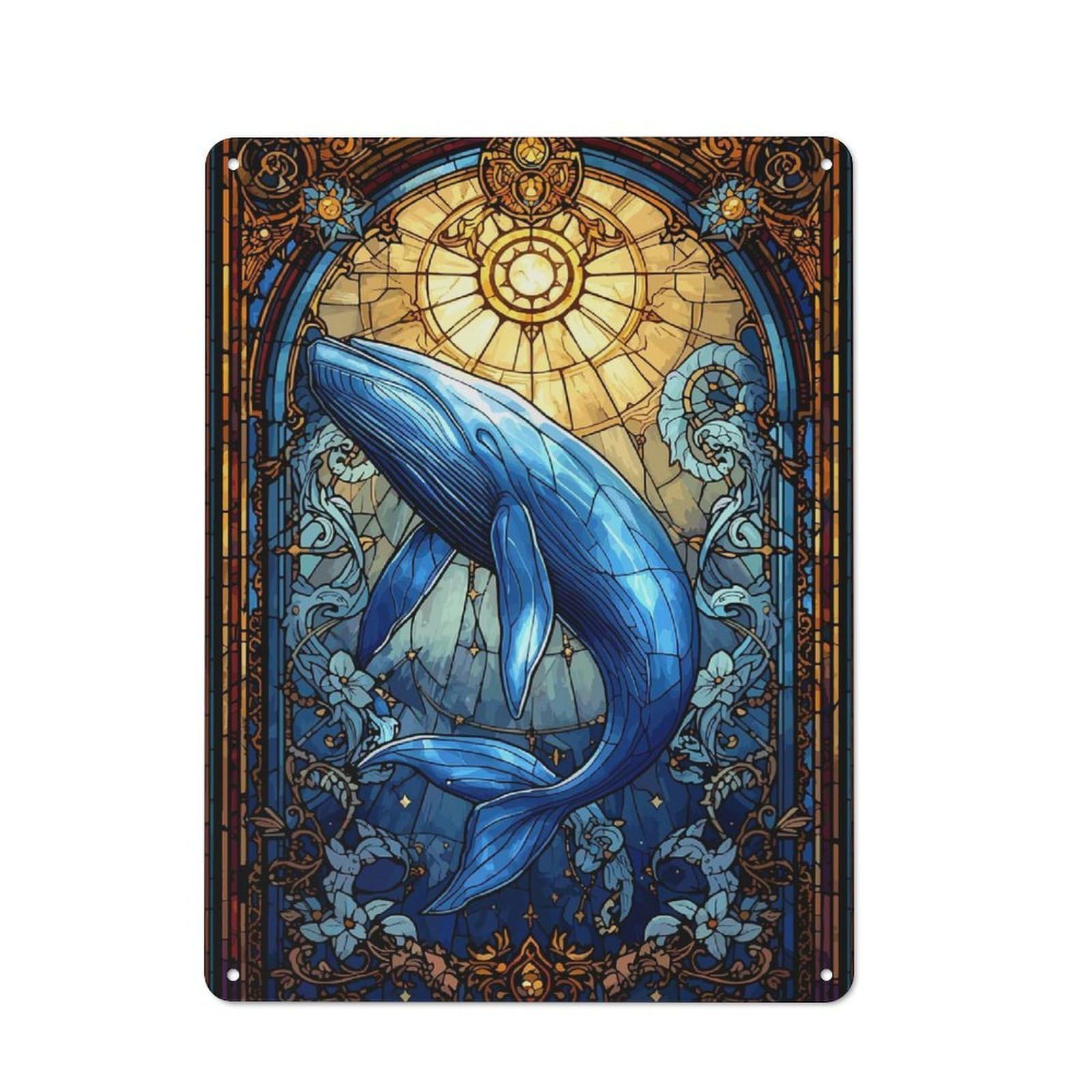 Junmoney Style-13 Whale Stained Glass Cottage Style Metal Wall Decor 40X30cm, Tin Wall Plaque For Kitchen, Cottage, Porch Or Garden Room