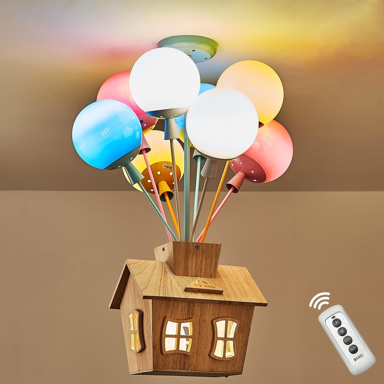 Plafoniera for cameretta dei bambini con telecomando, lampada a sospensione for bambini in legno a LED, lampada a palloncino in vetro rotonda, lampada a sospensione moderna a forma di cartone animato