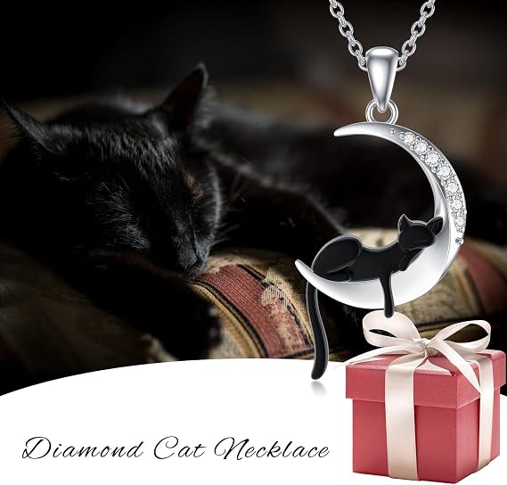 Diamant Mond und Tier Kette für Damen 925 Sterling Silber Schwarze Katze/Faultier/Drache/Einhorn/Fuchs Anhänger Halskette mit Lab-Grown Diamant Schmuck Geschenke