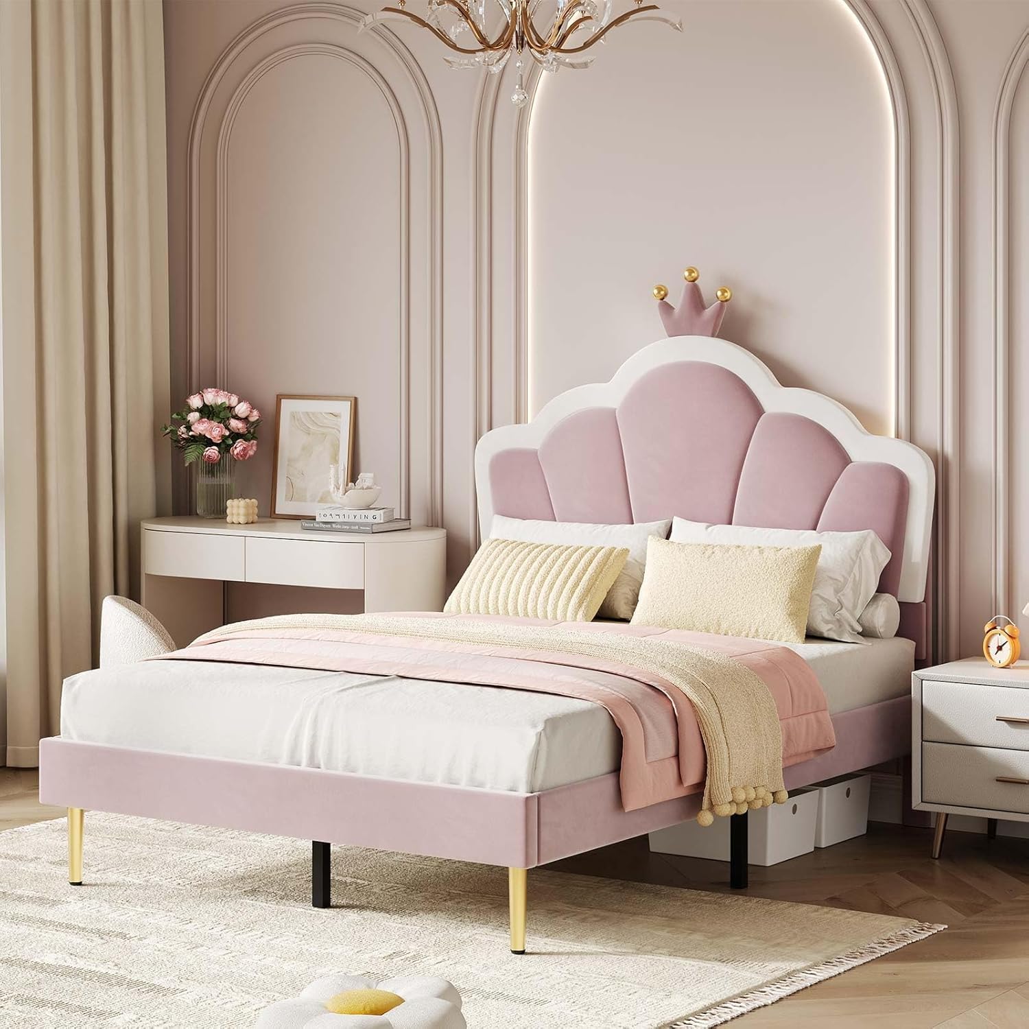 Aptliton Double Bed Frame, Soft Velvet Upholstered Bed, 4ft6 Shell Shape Bed with Removable Crown, Adjustable Headboard, Golden Iron Legs, Wooden Slatted Frame, Light Pink, 135 * 190cm