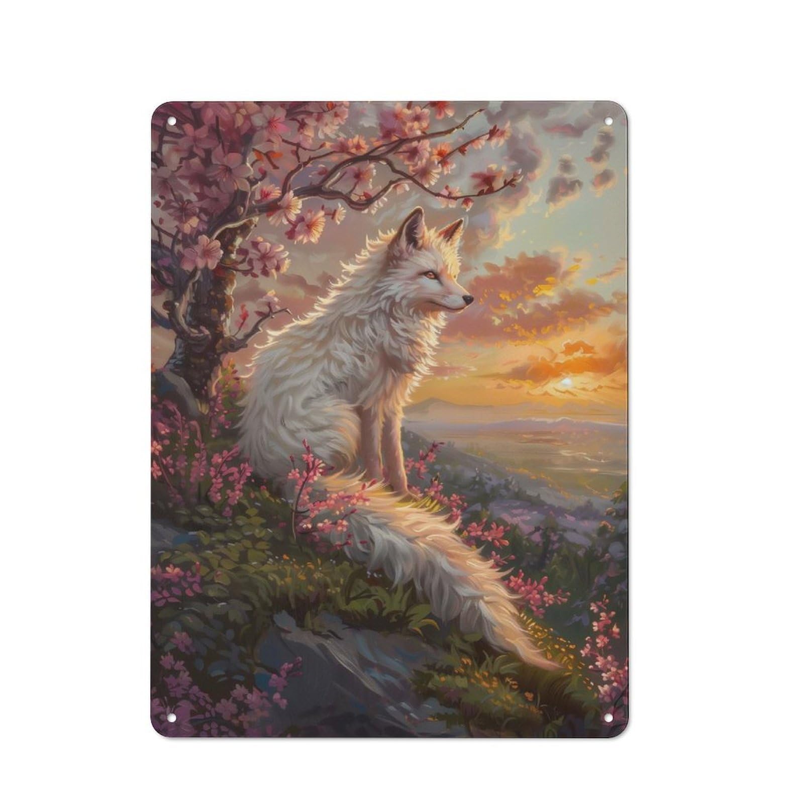 Junmoney Style-12 Metal Wall Sign 40X30cm Featuring Art Fox Blossom Tree Art For Garage Wall, A Housewarming Gift For People Furnishing A Garage