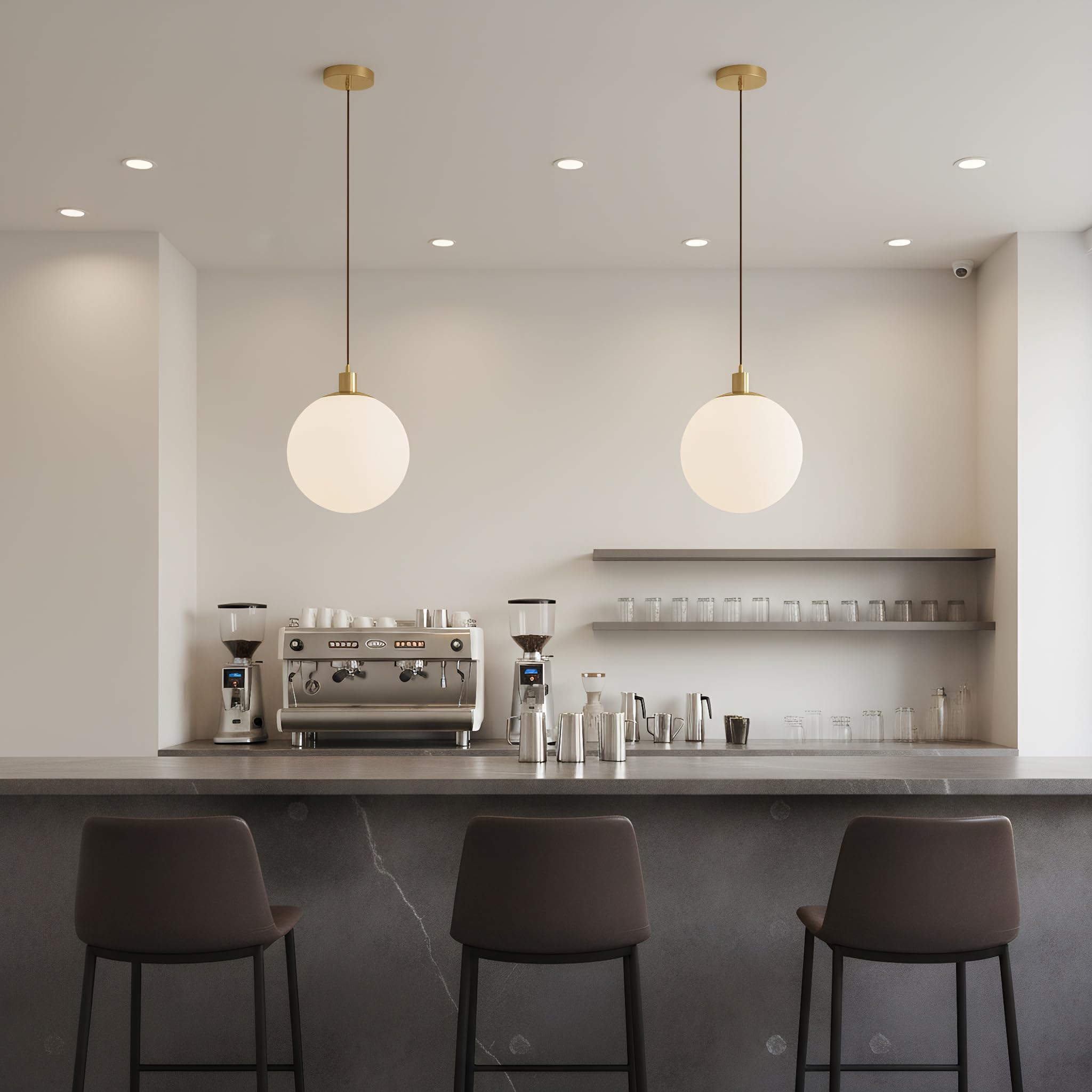 Minimalist Bereifte Weiße Glaskugel Pendelleuchte Moderne Hängelampe E27 Messing Geflochtene Litzenleiter Deckenleuchte für Schlafzimmer Salon Küche (30cm)