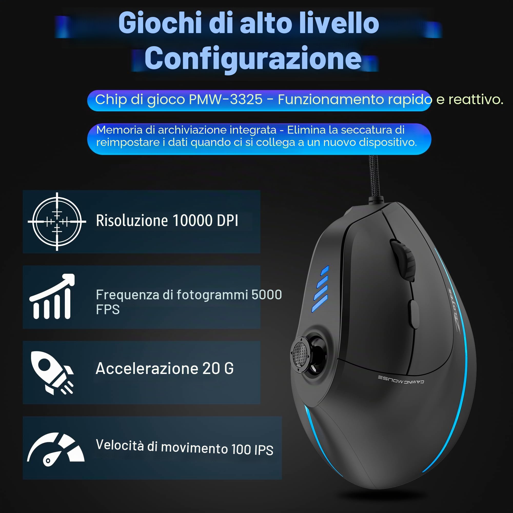 TRELC Mouse da gioco con bilanciere 5D, mouse ergonomico con 10000 DPI/11 pulsanti programmabili, mouse da gioco verticale RGB cablato per PC/laptop/e-sport/gamer (nero)
