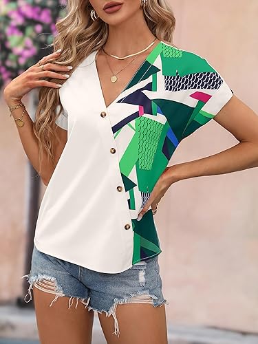 Miniatura 4 de SOLY HUX Blouses for Women 2023 Short Sleeve Blouse V Neck Button Gauze T Shirts Summer Tunic Tops Casual Tees