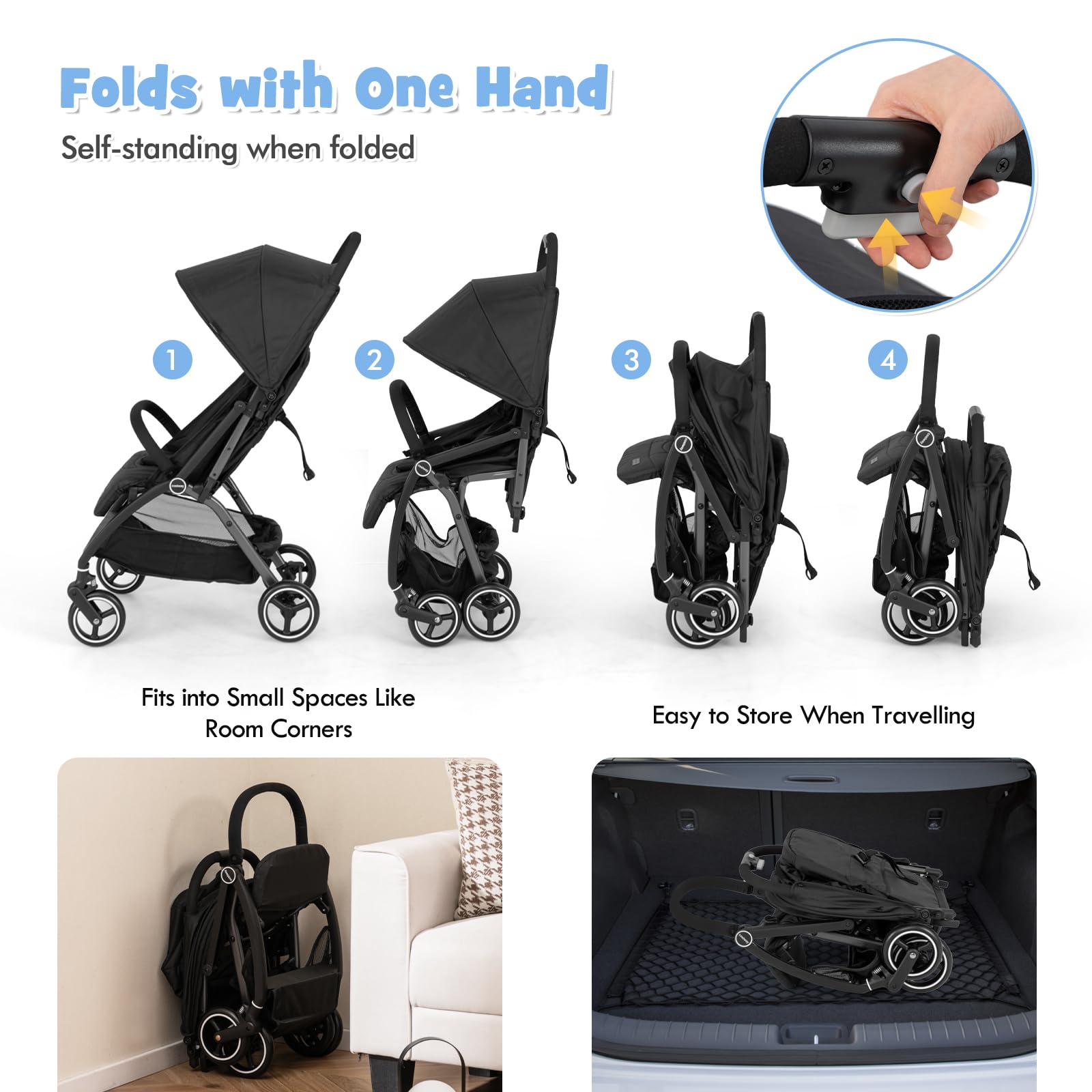 LIFEZEAL Poussette Bébé Pliable avec Dossier Inclinable 150°-180°, Poussette Canne avec Auvent Réglable, Harnais de Sécurité à 5 Points, Roues Universelles, Panier de Rangement, Charge 15 kg (Noir)
