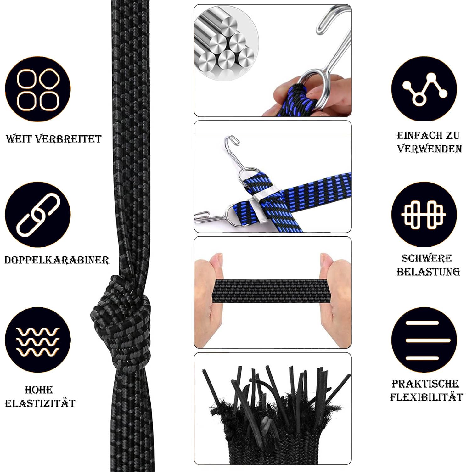 Lot De 4 Tendeurs élastiques Plats 200 Cm Avec Crochets Métal - Extra Résistants Pour Transport Et Bâches - 2