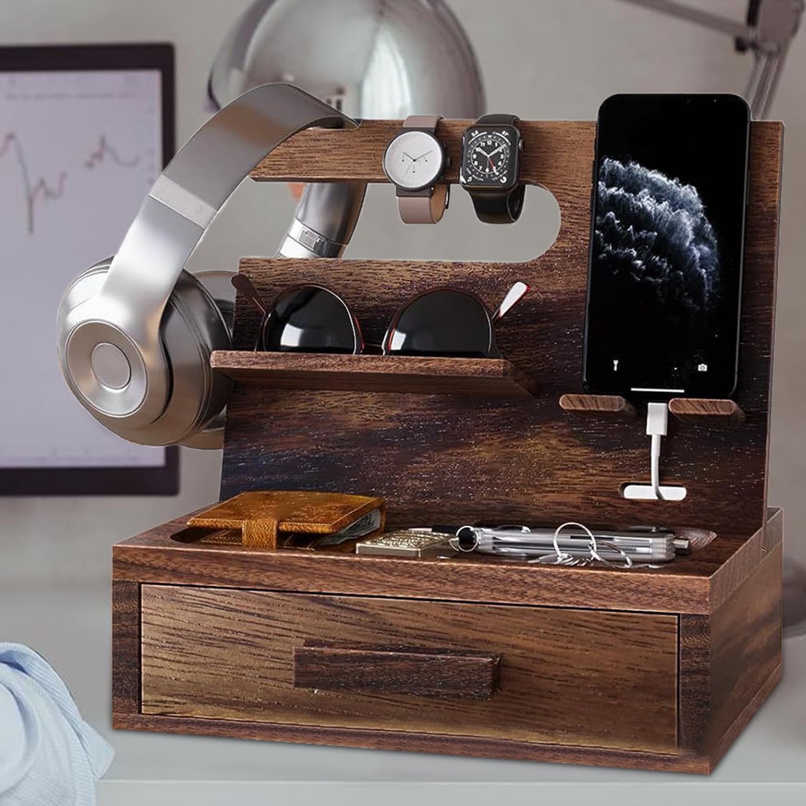 Générique Organizer na noc, drewniana stacja dokująca do telefonu, szafka na łóżko dla zegarka, okulary, klucze, tablet, mężczyźni, kobiety, sypialnia, prezent, do codziennego użytku