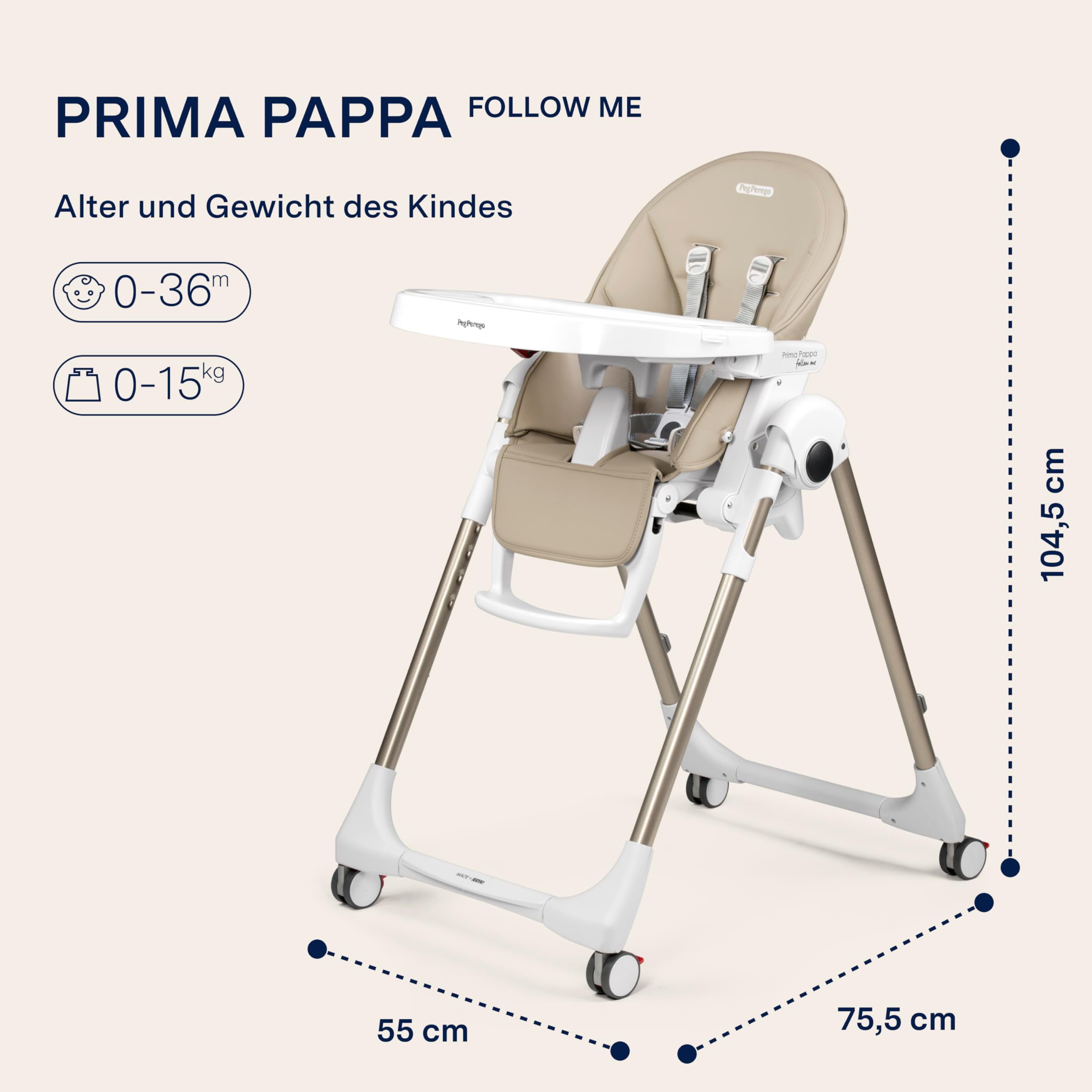 PEG Prima Pappa Follow Me Hochstuhl für Babys, neigbar, Liegefunktion, 4 Räder, faltbar, ultra-kompakt, 0-15 kg