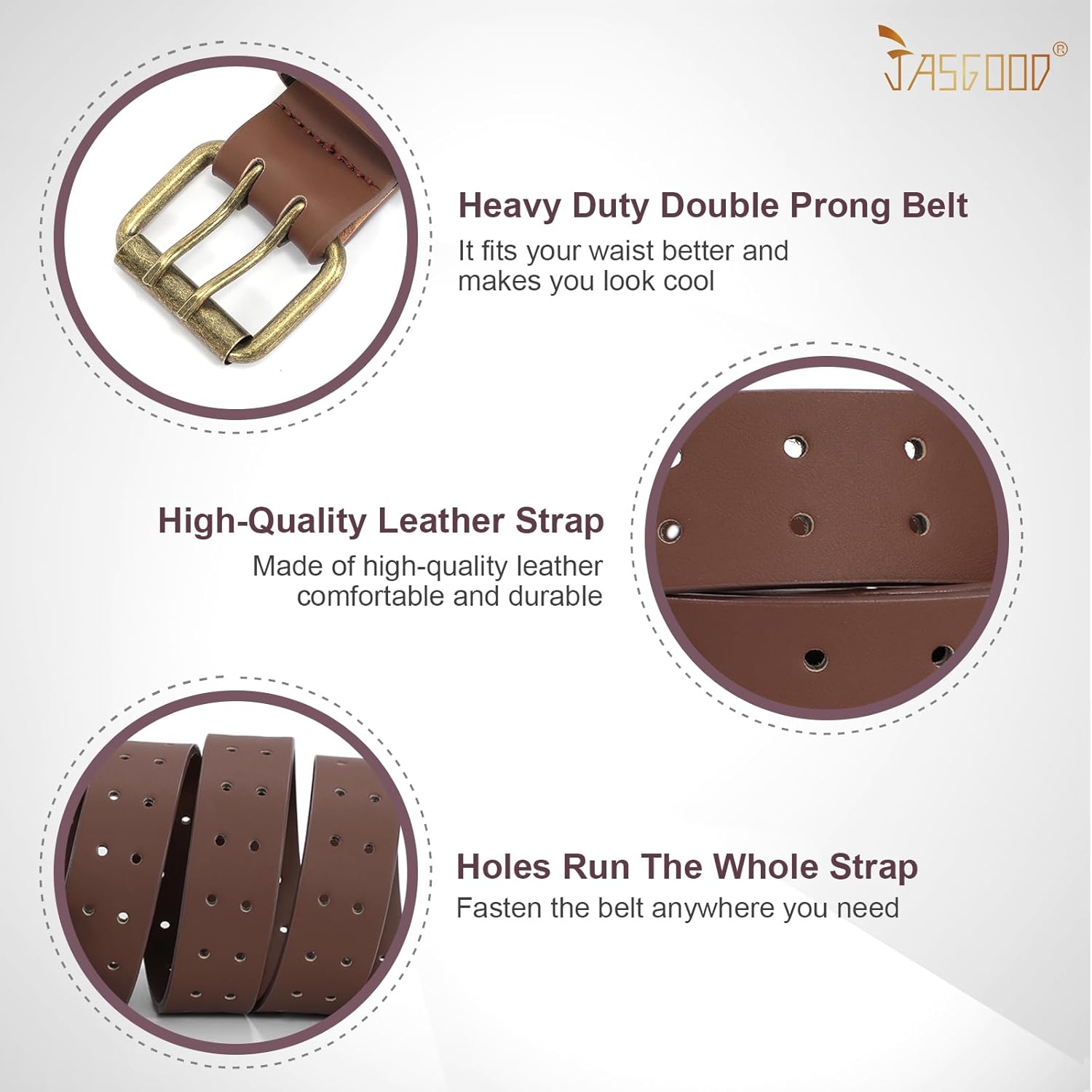 JASGOOD Men Double Prong PU Leather Belt Casual Work Heavy Duty Belt Double Grommet Holes Belt for Jeans - Image 6