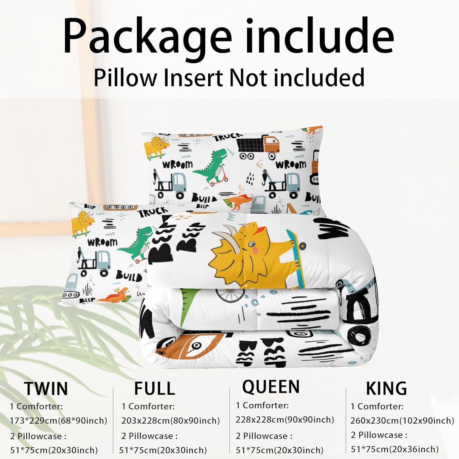 Boys Excavator Comforter Set Full,Cartoon Bedding Set,Construction Comforter Set for Teen,Dinosaur Truck Quilt Set, Equipment Trucks Print White Bedding Set