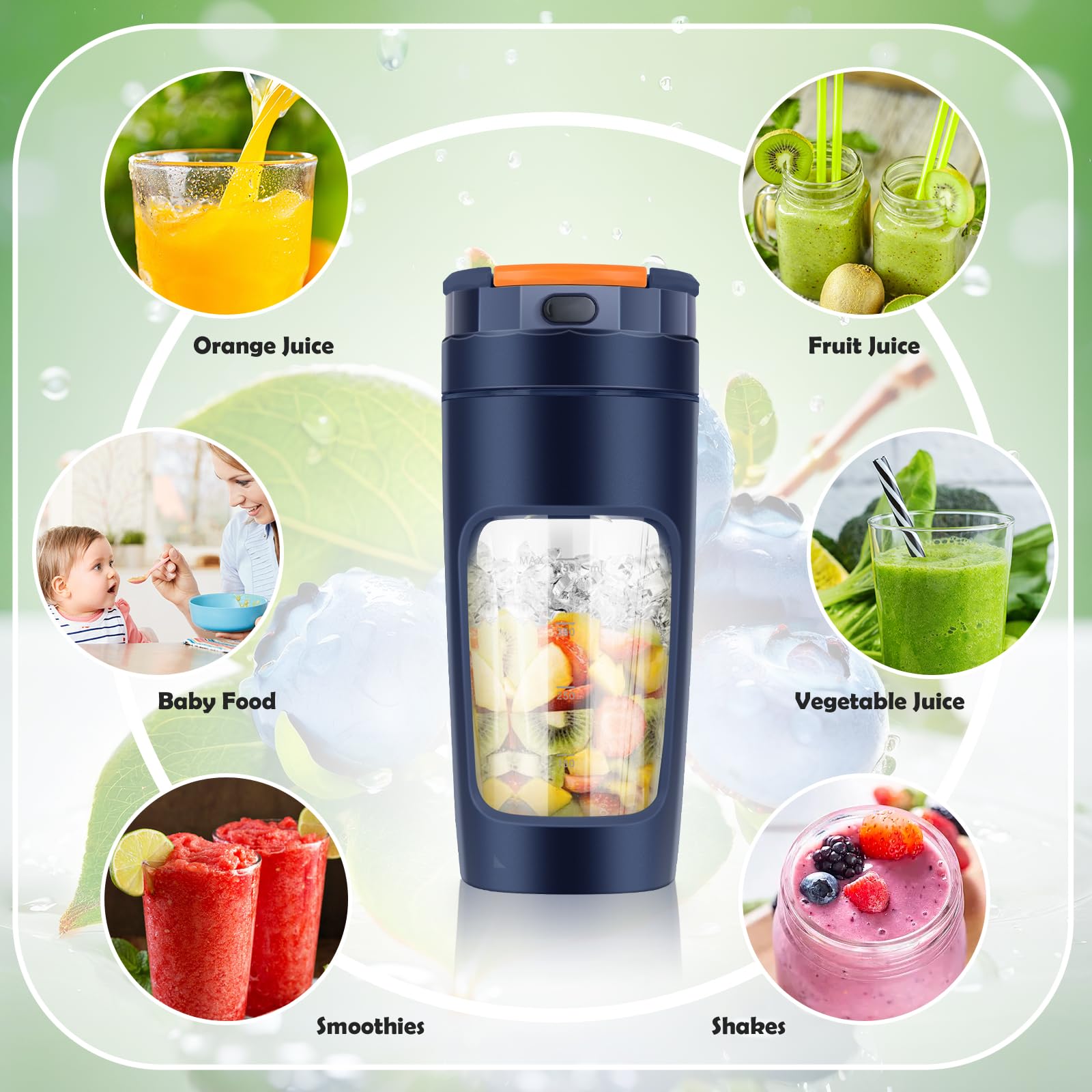 Lekki Przenośny Blender, ręczny mikser do owoców o pojemności 600 ml, mocny bezprzewodowy mini blender, z możliwością ładowania, smoothie, koktajle białkowe, kruszy lód i mrożone owoce (Niebieski)