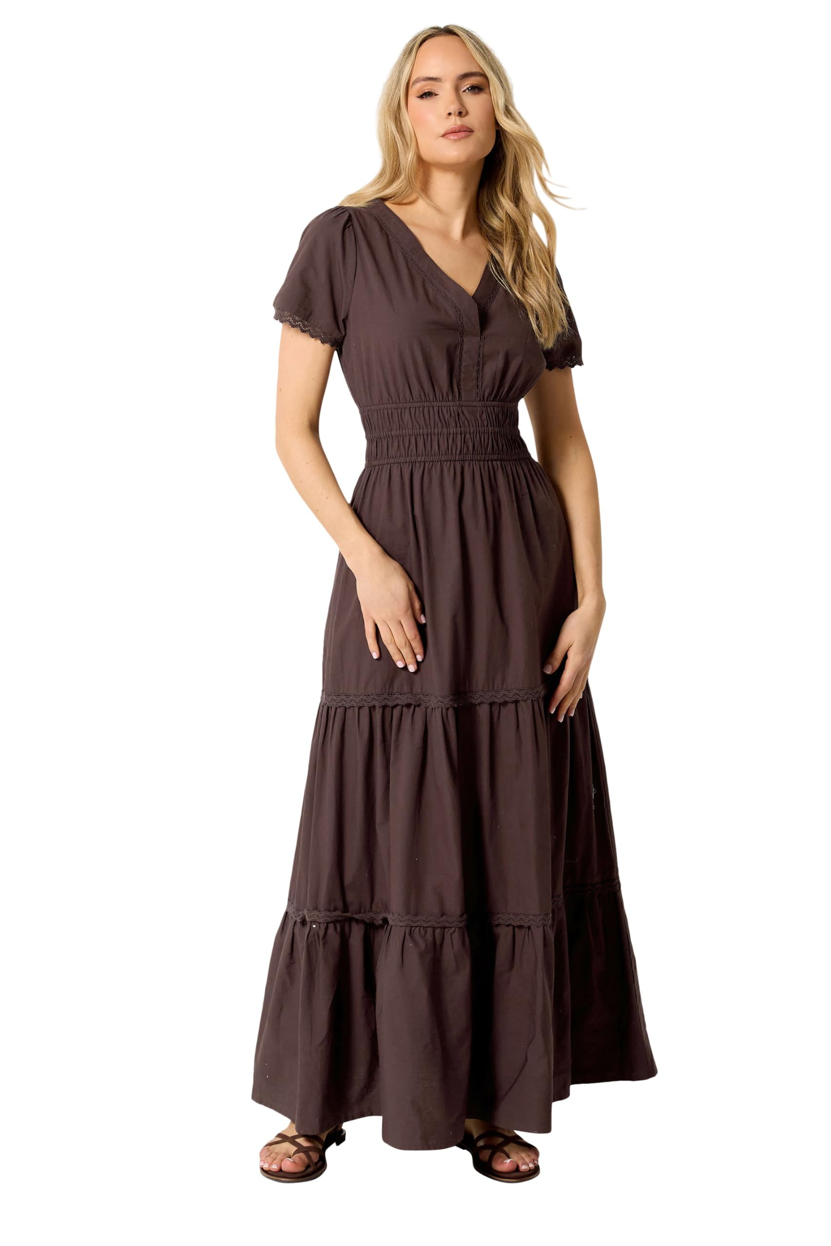 Long Tall Sally Women's Chocolate Tall Lace Trim Tiered Maxi Dress In | Size: 20