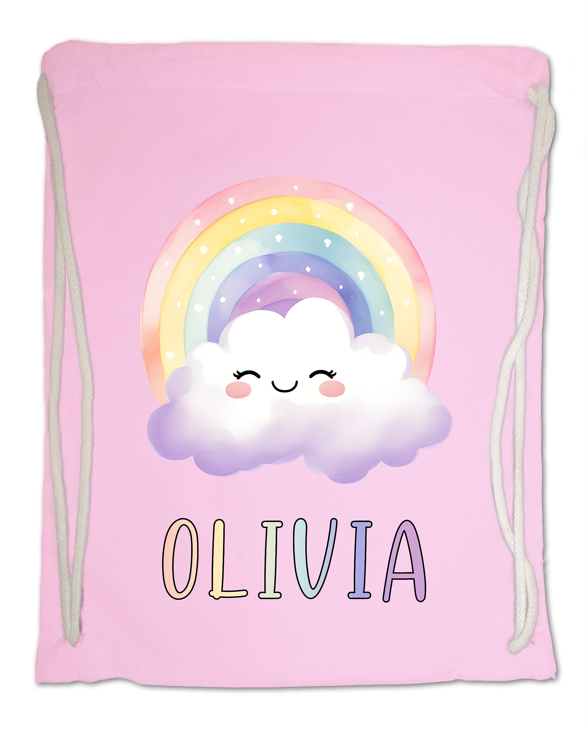 Kids Personalised Gym Bag. Watercolour Rainbow Clouds Any Name Swimming PE School Sports Bag. (Pink)