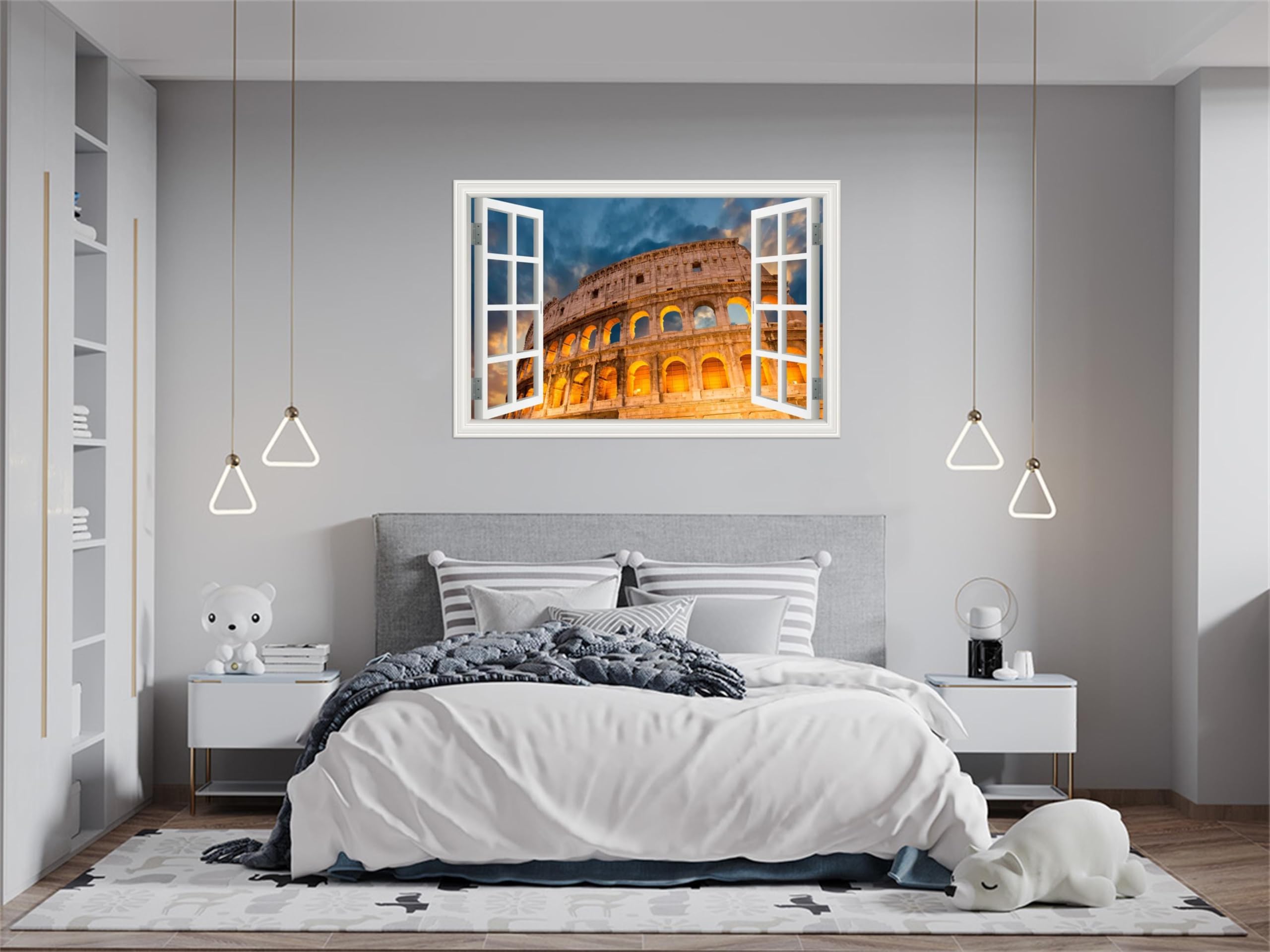 MUHJDYC Fensterblick Leinwandbilder-Old Gebäude-Stadt Bild auf Leinwand-Landschaftsbilder für Wohnzimmer Badezimmer Dekor 40x60cm Umwickelte Leinwand