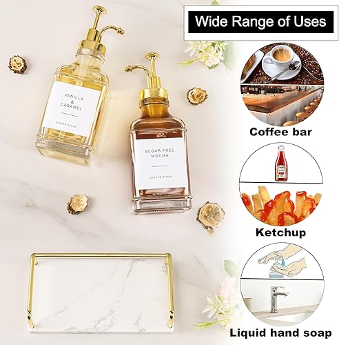 Miniatura 5 de BathAce Dispensador de jarabe de café con bandeja de mármol, botellas de jarabe de vidrio transparente con bomba, 2 dispensadores recargables de