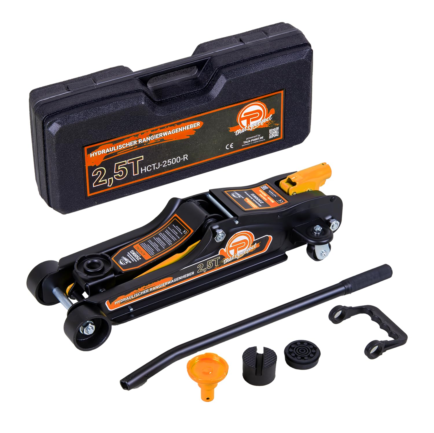 Cric idraulico 2,5 tonnellate versione piatta 80 mm – 360 mm Low Profile con valigetta + adattatore SUV + 2 cuscinetti in gomma idraulici per auto, ruote a 360° (arancione)