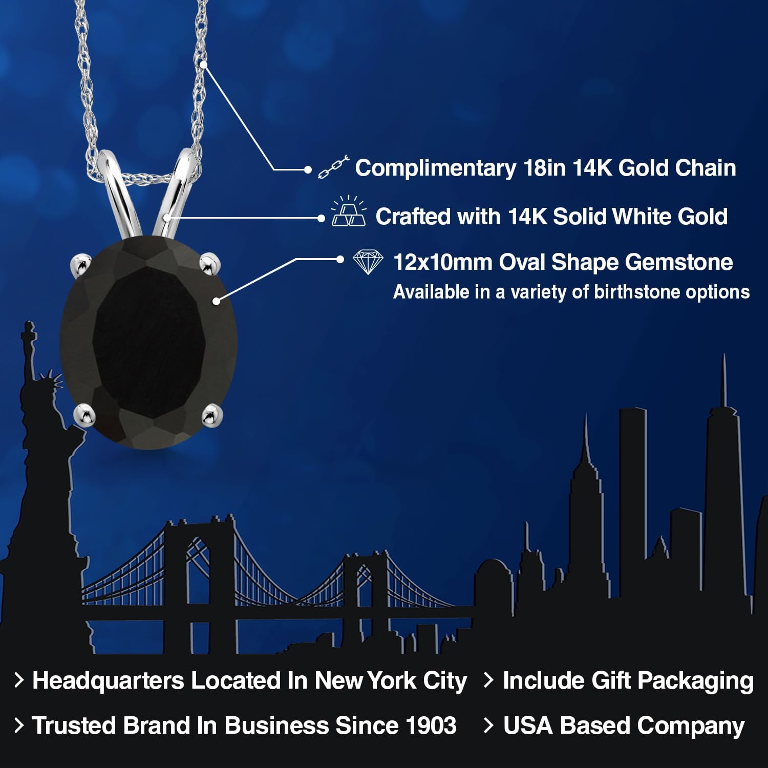 Gem Stone King 14K White Gold Black Onyx Pendant Necklace for Women | 4.00 Cttw | Gemstone December Birthstone | Oval 12X10MM | With 18 Inch Chain - Image 2