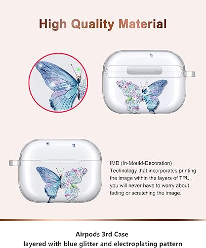 Miniatura 2 de JIAXIUFEN Funda para AirPods 3, funda transparente con purpurina dorada, diseño de flores, lindo protector de TPU para mujeres y niñas, con llavero