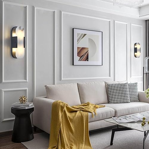 Miniatura 2 de Sucelating Apliques de pared de alabastro negro de 13.8 pulgadas, apliques de pared de mármol natural, juego de dos apliques de alabastro para