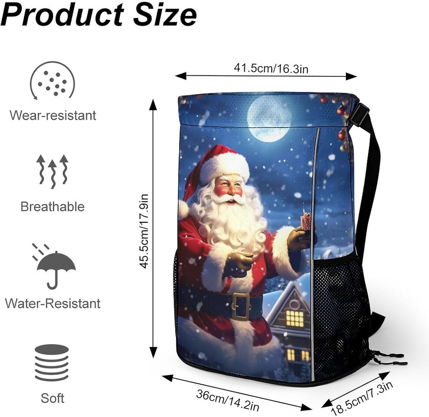 Small Gym Bag Winter Christmas Santa Printed Drawstring Gym Bag for Men Lightweight Waterproof Drawstring Backpack for Women with Shoe Compartment for Travel Tourism Work And Fitness