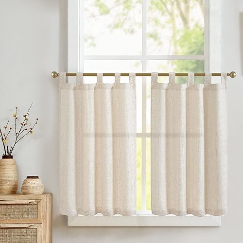 jinchan Cortinas de cocina beige de 24 pulgadas, cortinas texturizadas de lino con pestaña superior, cortinas de cafetería, cortinas cortas para