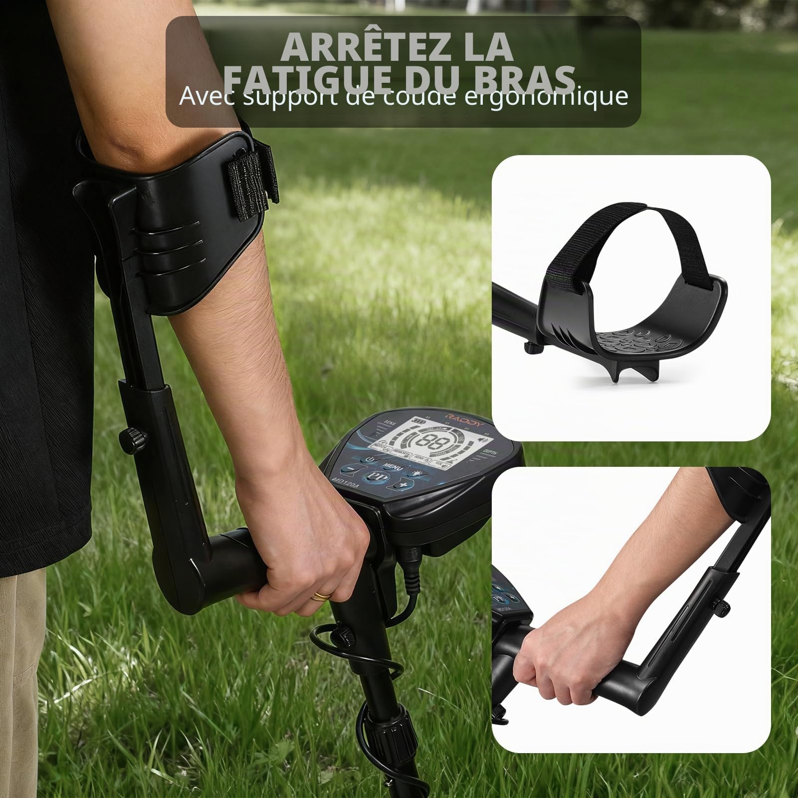 Raddy MD120A Détecteur de Métaux Professionnel pour Adultes, Haute Précision, 4 Modes, Bobine Étanche 10", Écran LCD Rétroéclairé, Casque, Sac et Pelle pour Chasse au Trésor