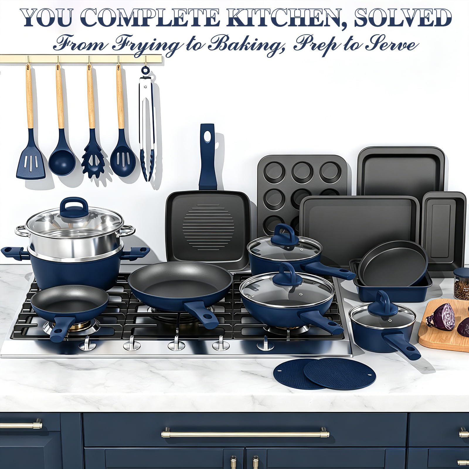 Pots and Pans Set Nonstick, Umite Chef Kitchen Non Stick Induction Cookware & Bakeware Set - 31 PCS Cooking Pans Set with Frying Pans & Utensil, Sturdy & Easy to Clean & PFOA Free (Navy Blue) view 8