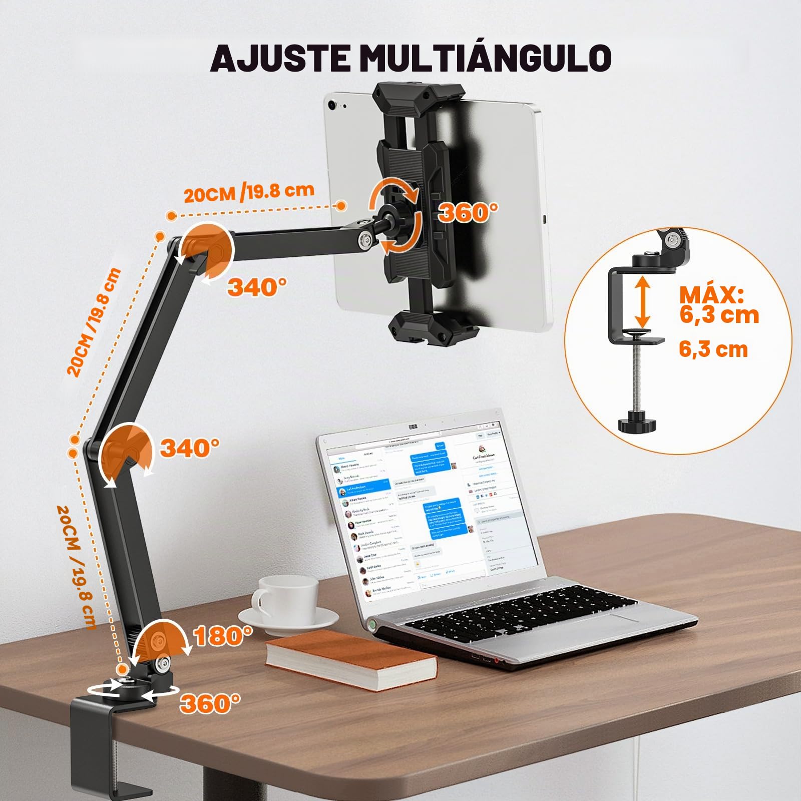 Soporte Tablet Mesa, 360°Giratorio Soporte iPad Mesa con Brazos Metálicos, Soporte Tablet Cama para iPad Pro/Air/Mini, 4.7"-13.5" Tablets