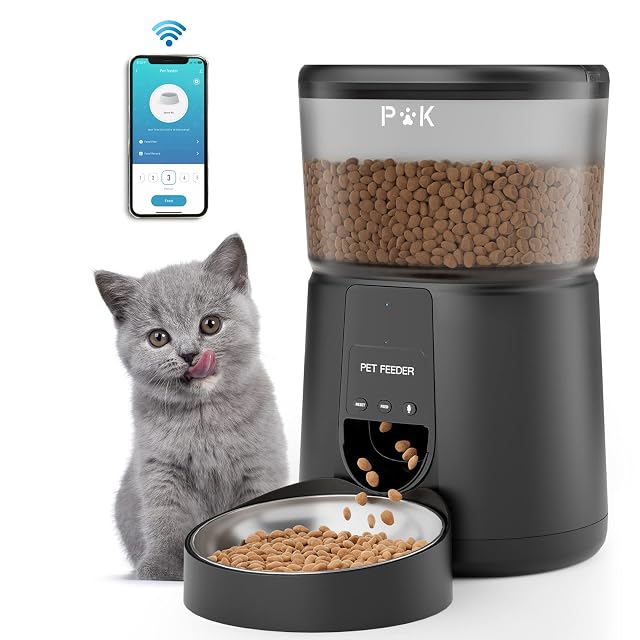 PUPPY KITTY Comedero Gato Automatico, 2.4G WiFi 4L Dispensador Comida Gatos con Bol de Acero Inoxidable