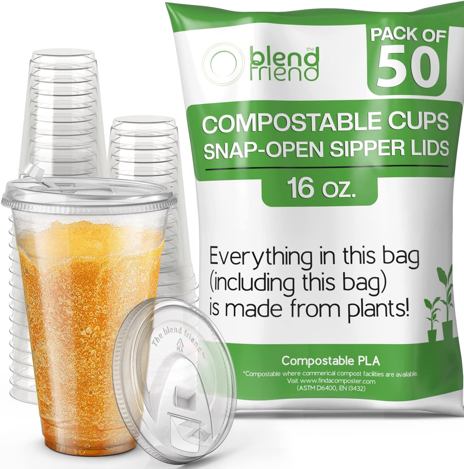 [16oz, 50 pack] Compostable Cups with Lids – Eco plant based cups with strawless snap-fit sipper lids- Green Eco Friendly Alternative to Clear Plastic Cups with