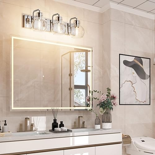 Miniatura 6 de Tipace Moderna iluminación de tocador de baño, 3 luces, de acero inoxidable industrial, acabado cromado con globo de vidrio transparente,