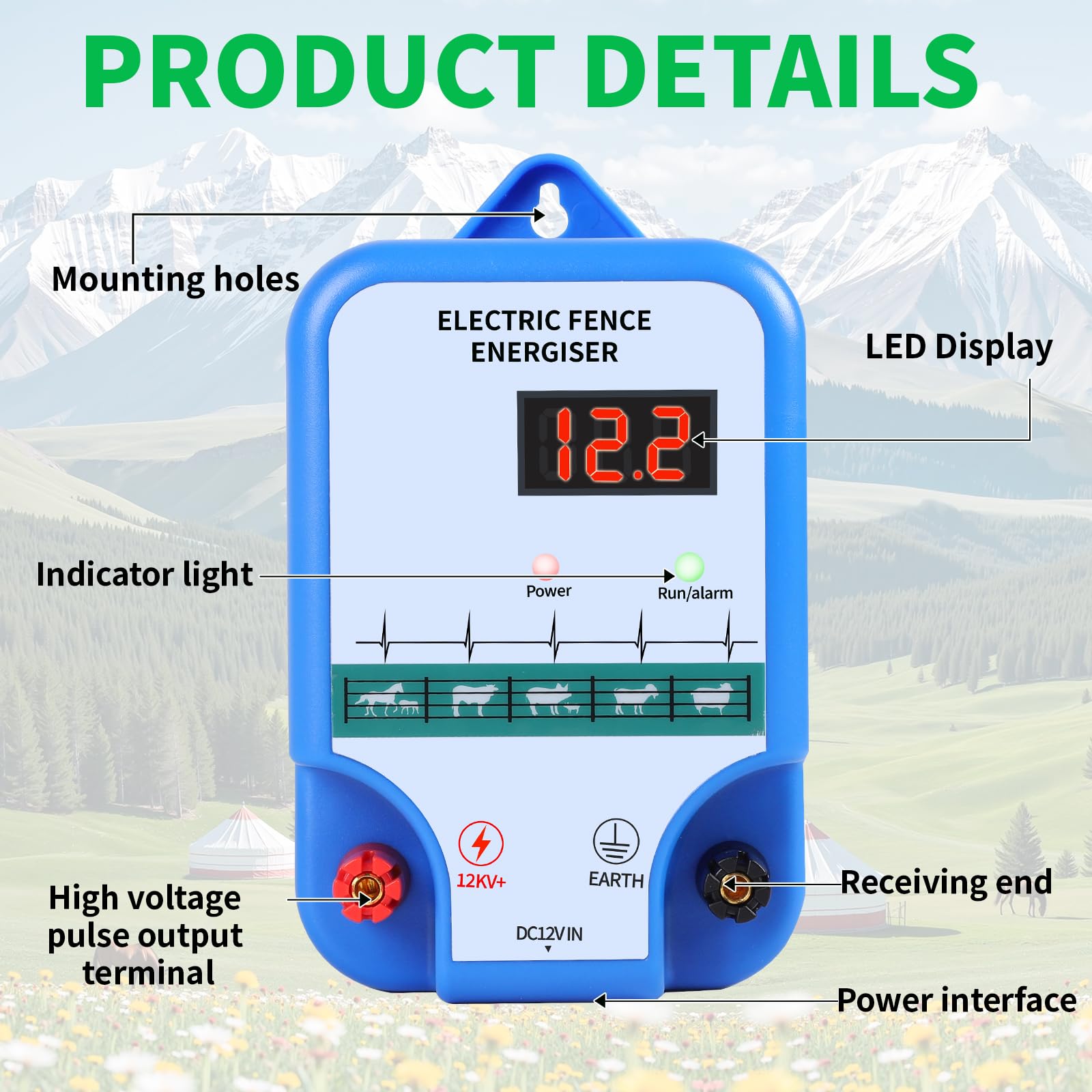 SWAWIS Weidezaungerät 12V mit LED Anzeige Elektrozaun 10km Reichweite Weidezaun für Hunde Hühner Pferde Ochse Schaf Schwein Geflügel,Vieh,Steuergerät zum Schutz von Gärten,Blau