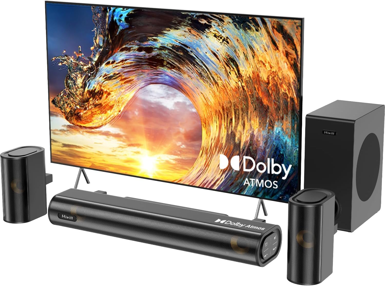 Hiwill 4.1ch Sound Bar with Dolby Atmos, 300W Sound Bar for Smart TV with Subwoofer, 2 Front Surround Speakers, Soundbar for TV Speaker, Adjustable Bass, Surround Sound System for TV, A41