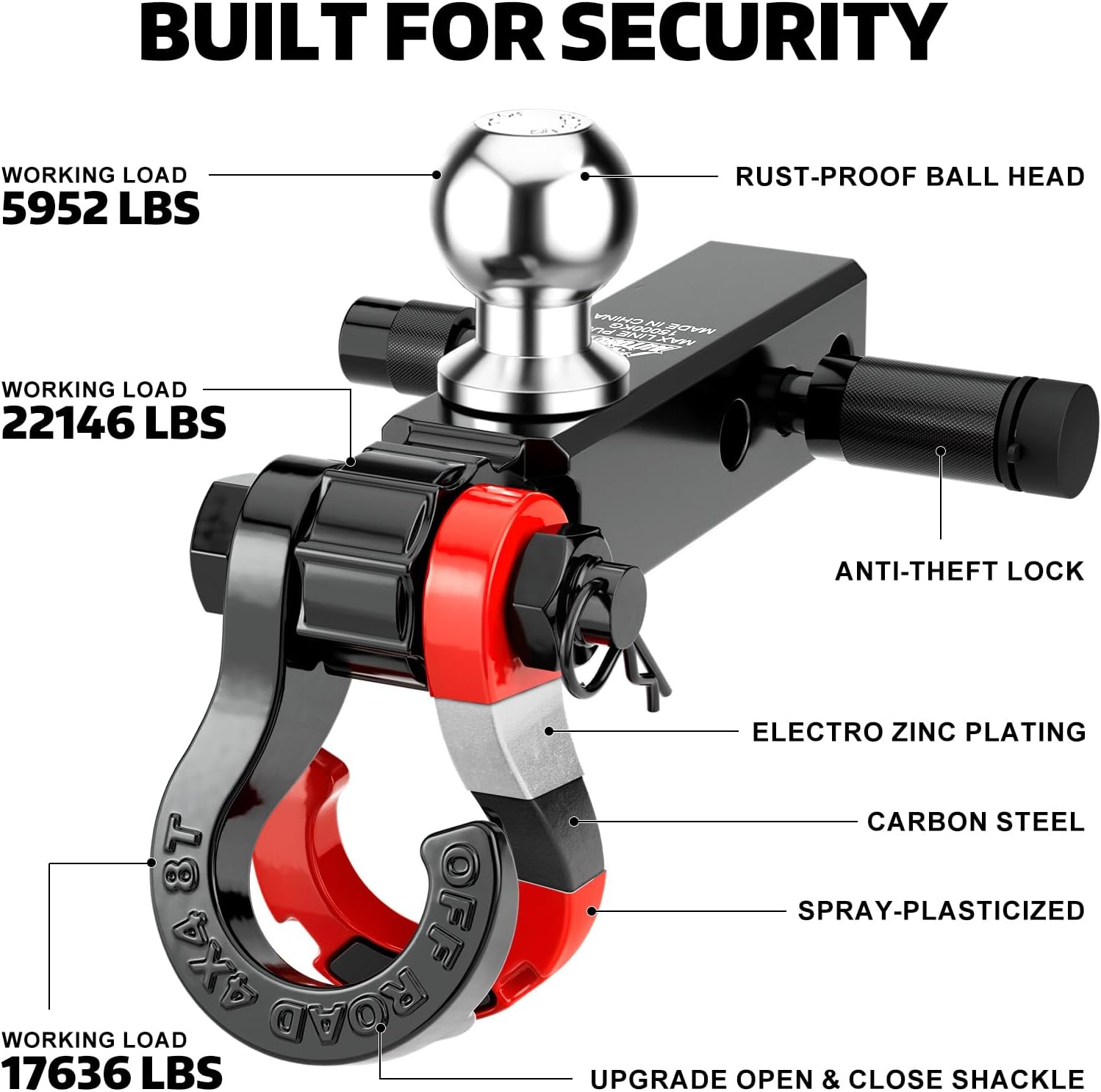 AUTOBOTS Trailer Hitch Ball Mount with 3/4" Recovery Shackle & Locking Hitch Pin & 2" Tow Hitch Ball,Fits 2 inch Hitch Receiver Red - Image 4