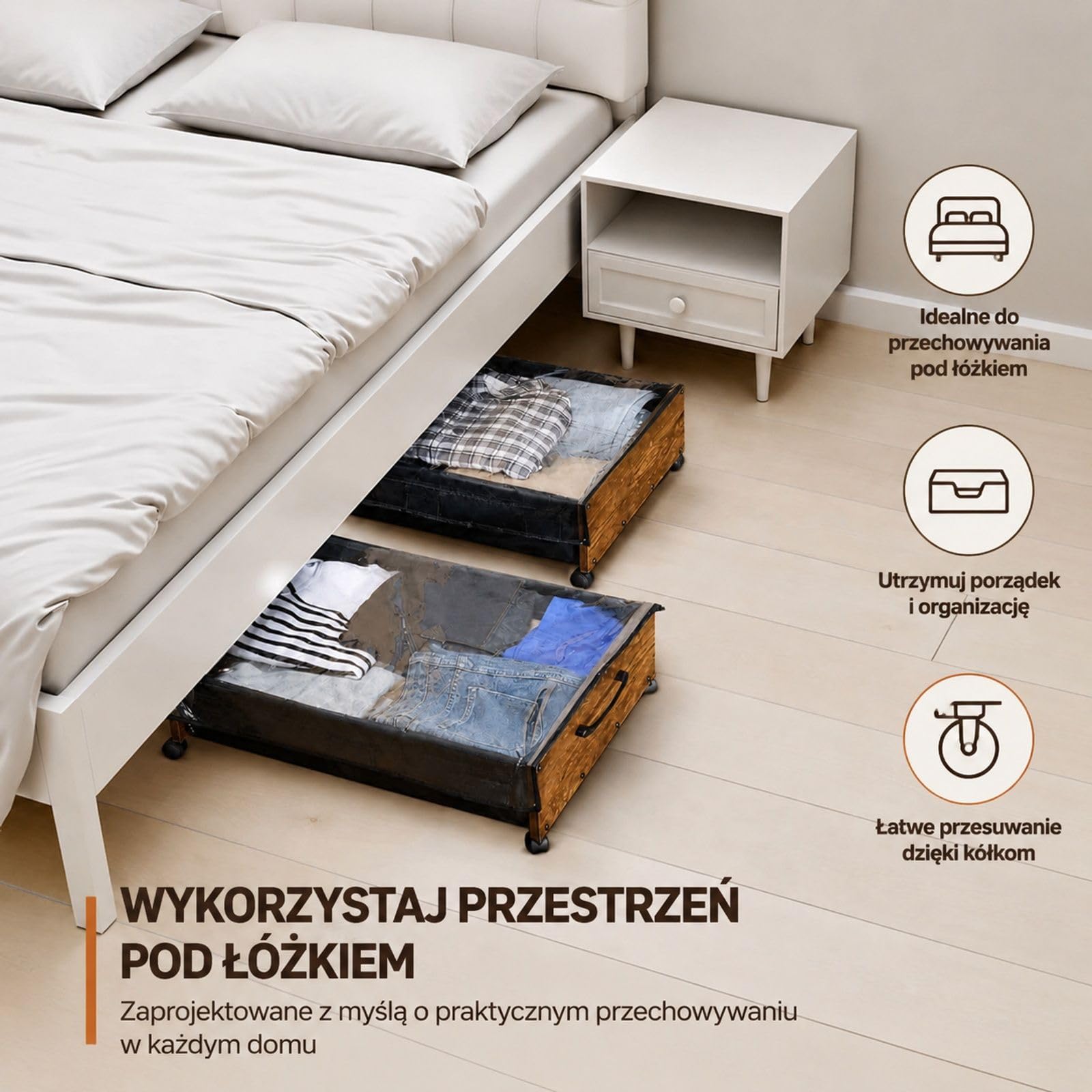 2 pojemniki do przechowywania pod łóżkiem na kółkach, mobilne szuflady na ubrania i buty do sypialni z uchwytami