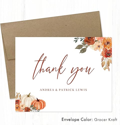 Miniatura 5 de Tarjetas de agradecimiento personalizadas de otoño con estampado floral y calabazas plegadas de 5.5 x 4.25 pulgadas (A2) con sobres, interior en
