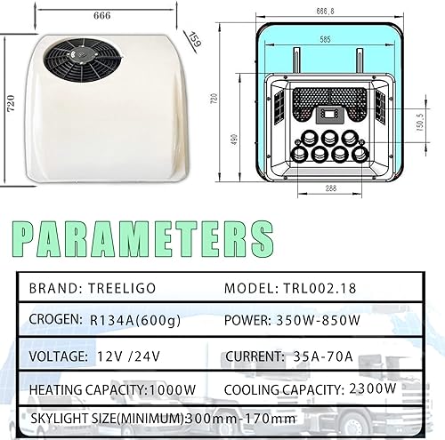 Treeligo Aire acondicionado de techo DC de 24 voltios, refrigeración y calefacción 2 en 1 función, camión, barco, CA de 24 V para automóvil,