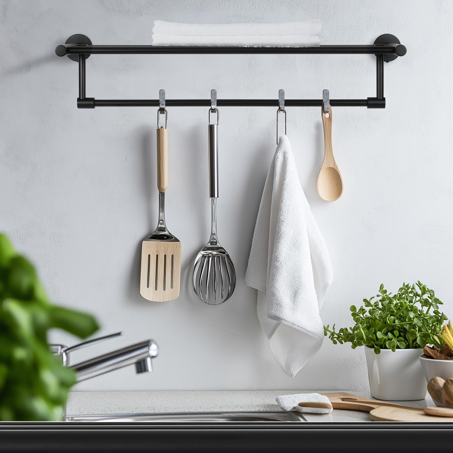 SEIDO 6-Piece Bathroom Accessories Set - Matte Black SUS 304 Stainless Steel Kit - 24 Inch Foldable Double Towel Rack for Bathroom, 4 Robe Hooks, Toilet Paper Holder for Lavatory, Kitchen, Laundry