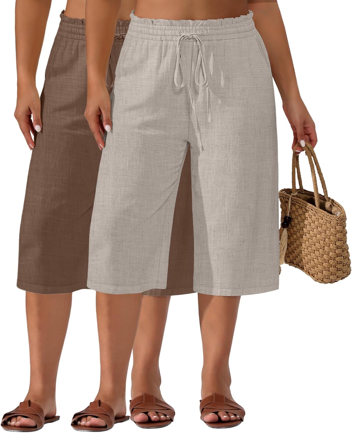 Neer 2 Pack Women's Plus Size Linen Capris Wide Leg High Waisted Drawstring Cropped Pants Beach Pants with Pockets