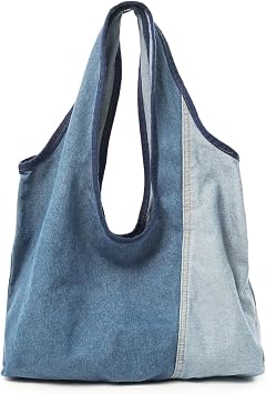 MaxxCloud Two-Tone Denim Duffel Bag - Large Capacity Soft Structured Tote for Gym, Travel & Weekend - Canvas Handbag - Deep Blue