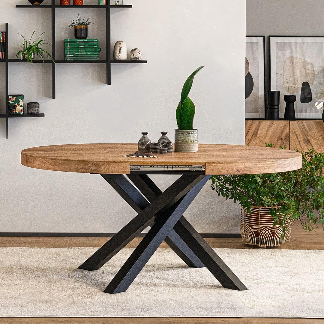 MOBILI FIVER, Table Ronde Extensible Emma, 120-160 cm, Bois Rustique, avec Pieds Noirs croisés, pour 4-6 Personnes, Table Extensible pour Cuisine, Salon, Made in Italy