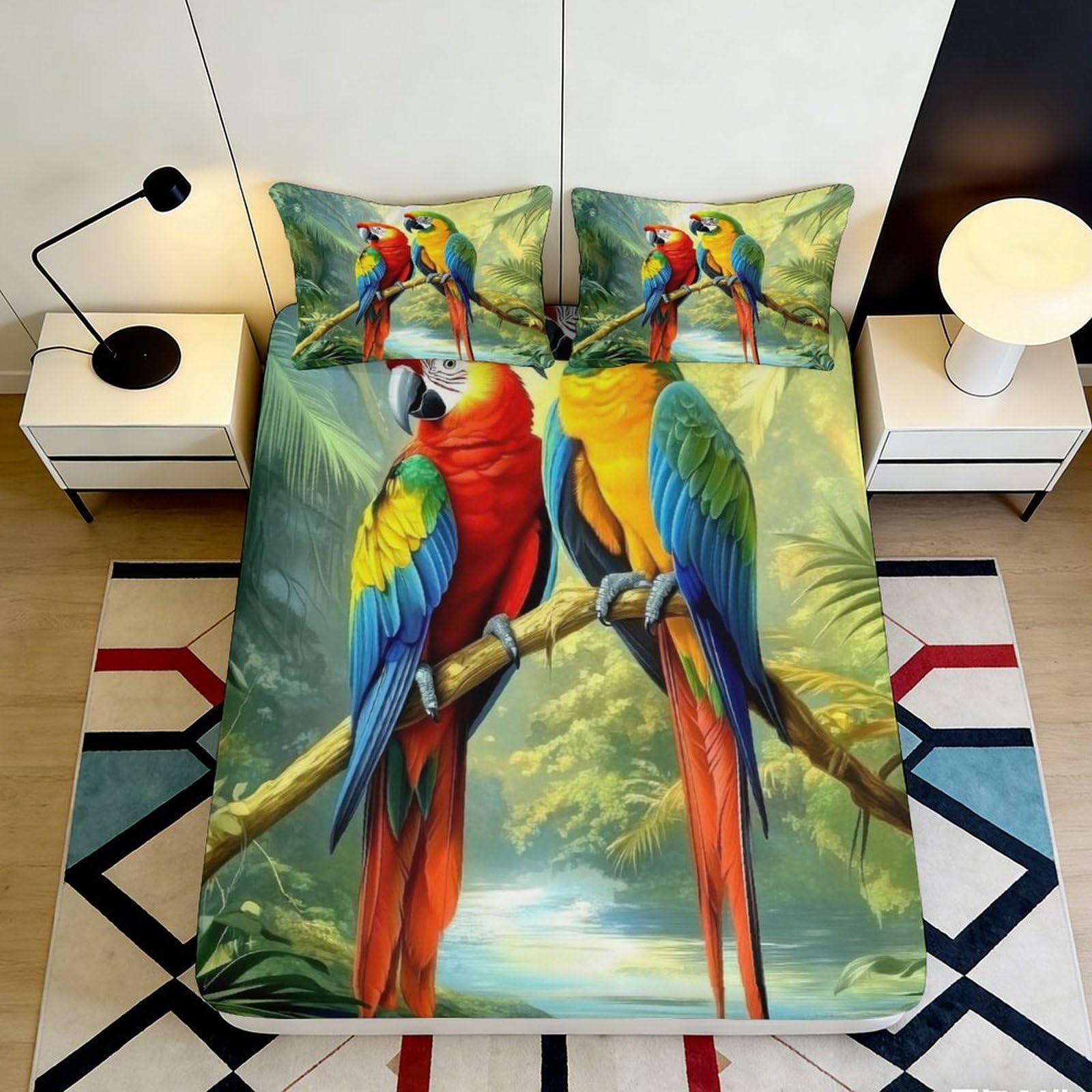 Dhbaneiok Style-3 3D Printed Parrot Tropical Fitted Sheet Microfiber Soft Vibrant Rainforest Bed Sheet For Bedroom Guest Room Decor 90X200x25cm