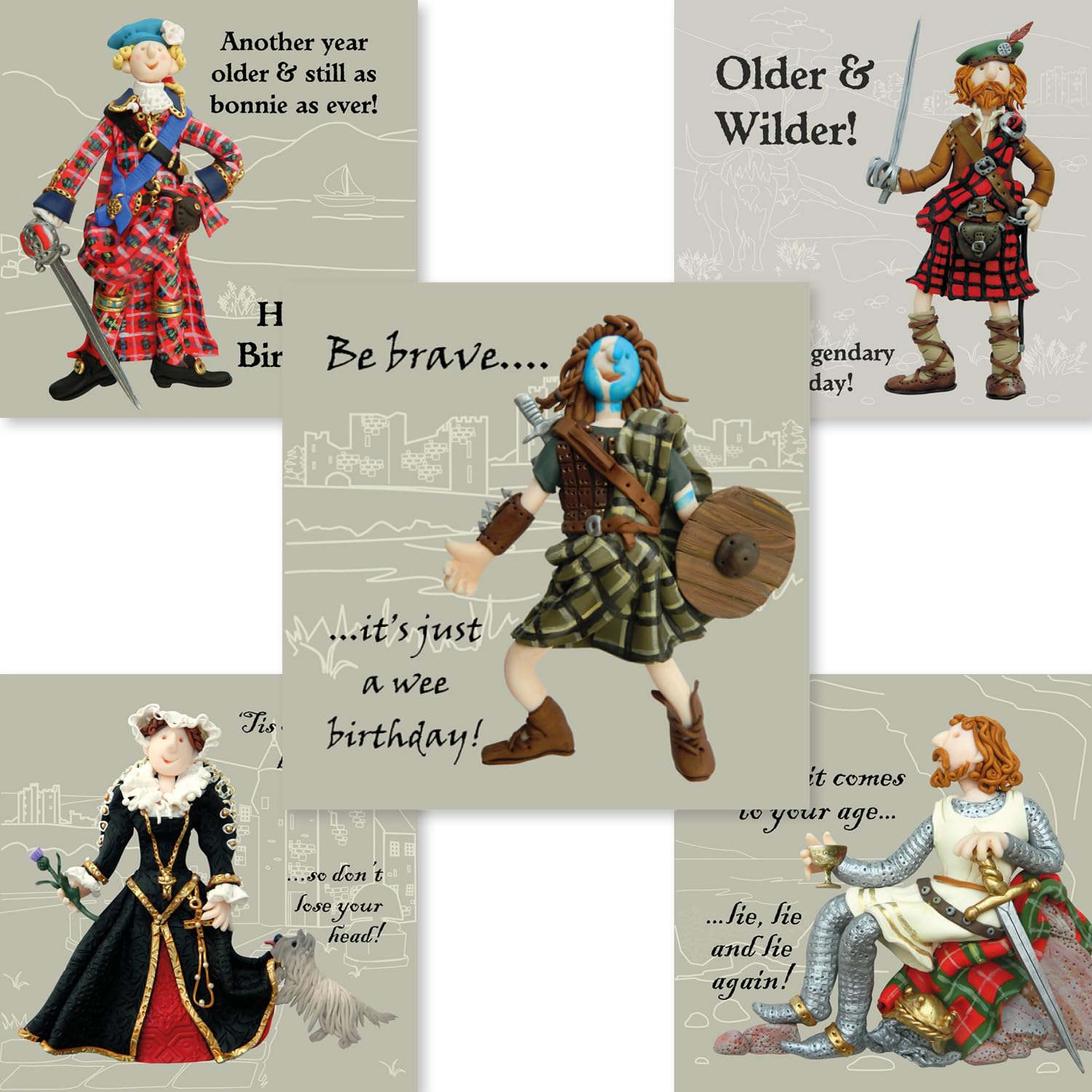 Holy Mackerel Scottish History Birthday Card Pack - 5 Fun Cards - Polymer Clay Art by Erica Sturla