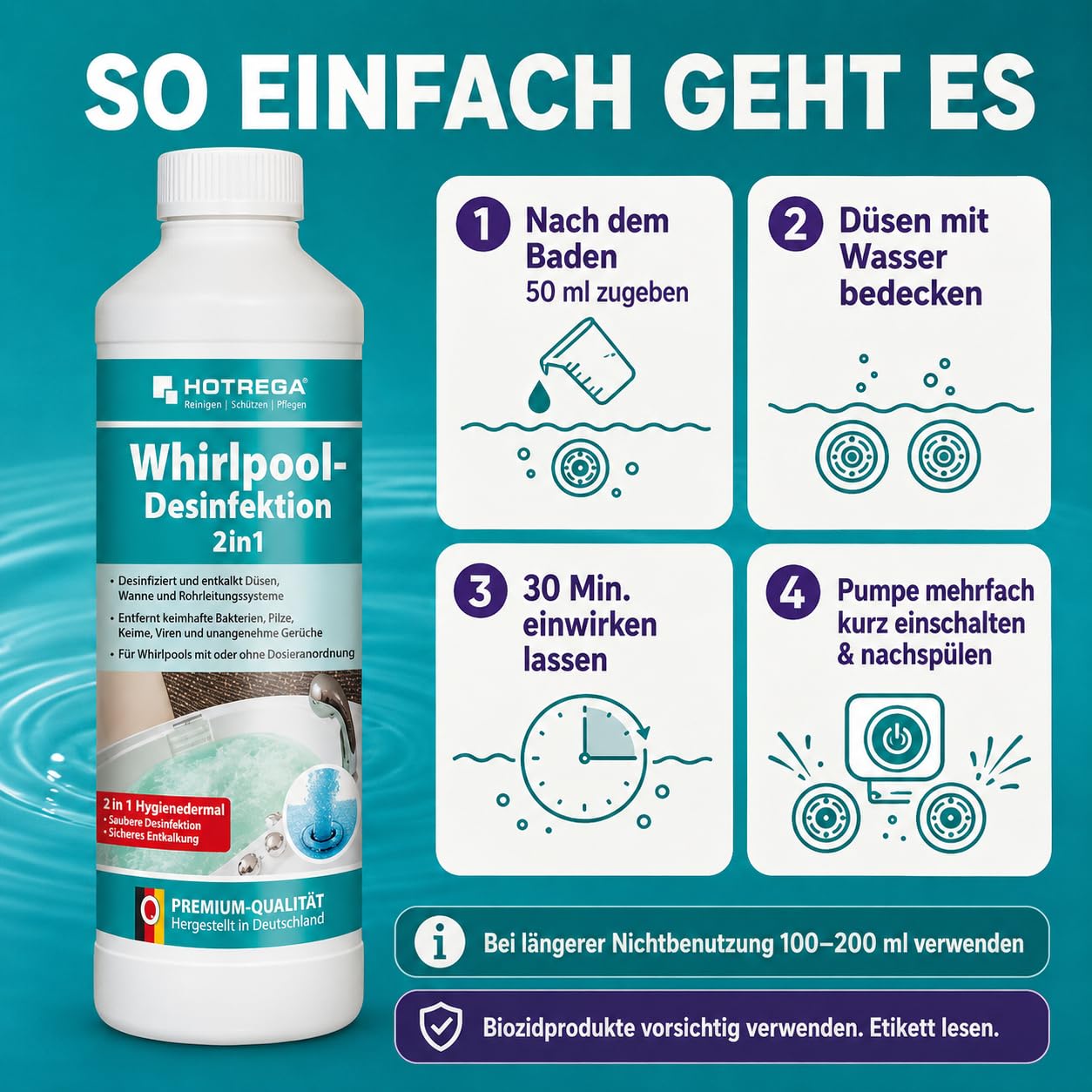 HOTREGA Whirlpool Desinfektionsmittel 2x 500ml | Biozid Entkalker & Pflege | Whirlpool Reiniger für Düsen, Wannen & Leitungen | Gegen Bakterien & Viren | Effektive Whirlpool Desinfektion | 1L Set