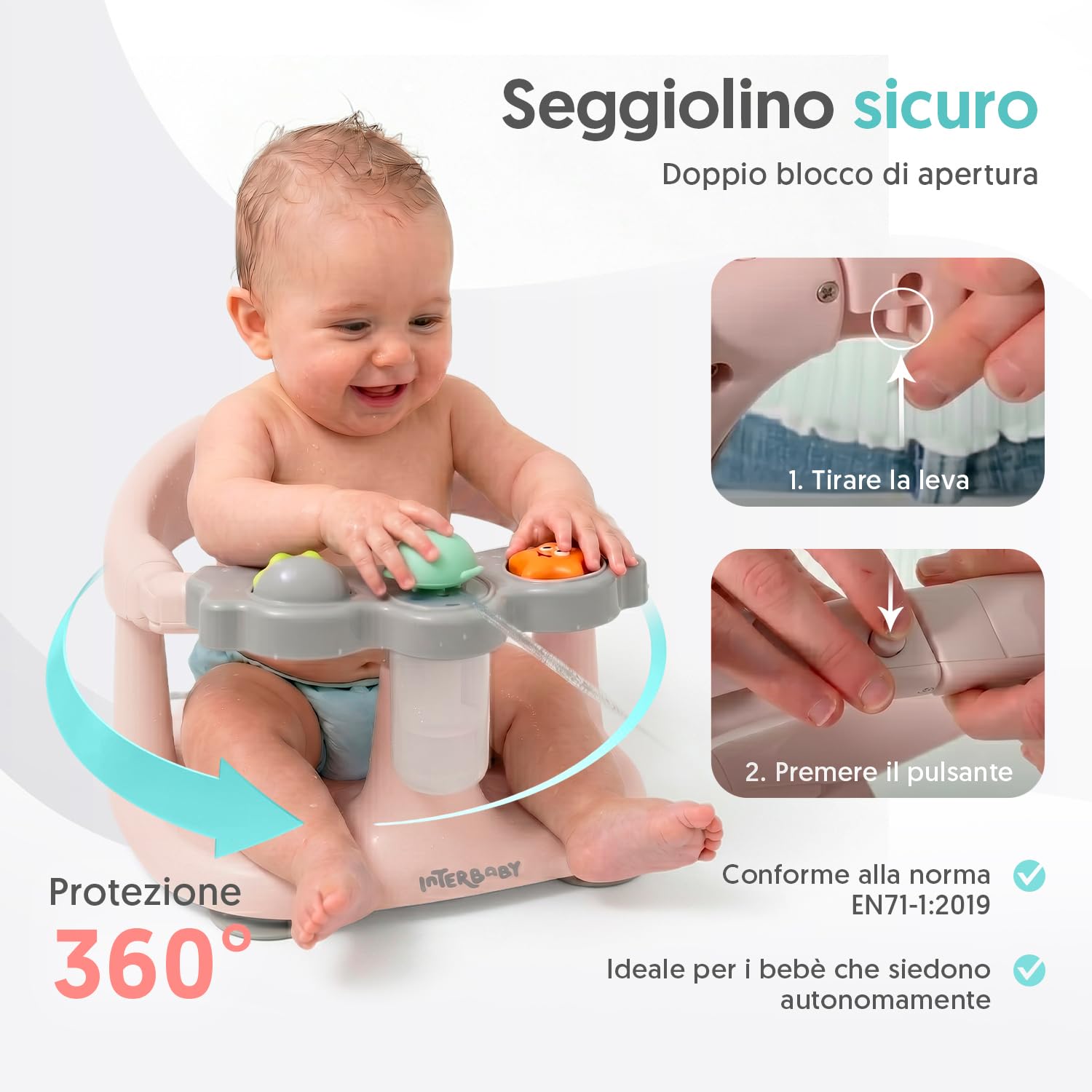 Interbaby Seggiolino da Bagno Bambino Antiscivolo con Ventose | Seggiolino Vasca e Doccia Sicuro ed Ergonomico | Sedia Bagnetto Neonato 6-24 Mesi | Seggiolino Bagno Stabile e Confortevole (Rosa)